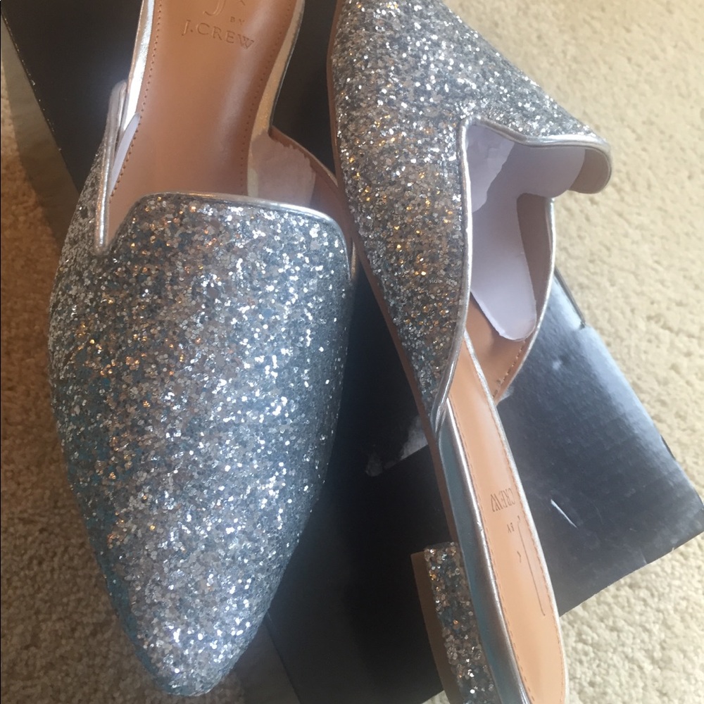 J. CREW SILVER GLITTER MULES